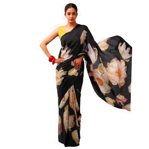 BE4ME.COM celebraty inspired sari Bollywood Alia bhatt inspired partywear Satin Printed saree(Unstitched Blouse) (Black Cream-J)