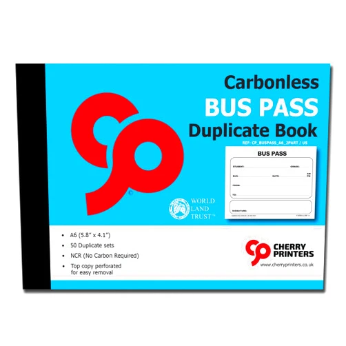 Cherry Printers | Bus Pass | Duplicate Book | 2 part | Carbonless | NCR | 50 Sets per book | A6-5.8 x 4.1 inches