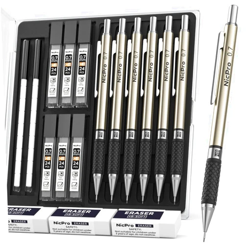 Nicpro 0.7 mm Art Mechanical Pencils Set, 6 PCS Metal Drafting Pencil 0.7mm Tube HB Lead Refills & 18 Cap Eraser for Adults, Children, Artist Writing, Drawing, Sketching, Black, 1 Count (Pack of 6)