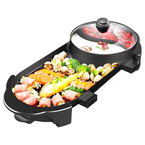 SEAAN Hot Pot with Grill, Korean BBQ Grill Indoor Hotpot Pot Electric Combo, Shabu Shabu Pot with Divider KBBQ Grill Smokeless Non-stick Separate Dual Temperature Control, for 2-12 People, 110V