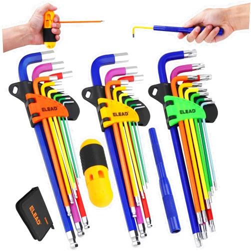 ELEAD Allen-Wrench Rainbow Colored Hex & Torx Key Set: 29-Piece Long Arm Ball End Metric SAE T-Handle & Extension Bar