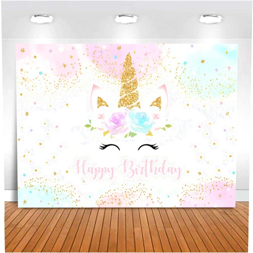 Mocsicka Unicorn Birthday Decorations Unicorn Backdrop for Girls Birthday Party 5x3ft Pastel Rainbow Unicorn Glitter Stars Dots Happy Birthday Banner Photo Booth Props