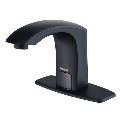 BODQEMR Automatic Sensor Touchless Bathroom Sink Faucet Black Single Hole Hands-Free Battery Powered Solid Brass Faucet with Deck Plate, Control Box and Temperature Mixer