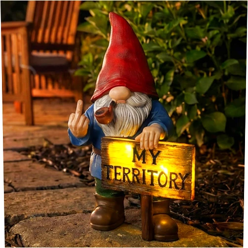 Lavezee Funny Garden Gnome, Middle Finger Gnomes Statue with Solar Lighted Sign – “My Territory” for Patio Backyard Porch Outdoor, Humorous Housewarming Gifts for Men Dad Husband