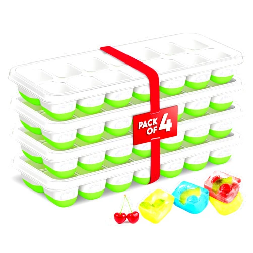 Cozy Kitchen Essentials CKE Ice Cube Tray with Lid, 4 Pack Premium Easy-Release 56 pcs Stackable Silicone Plastic Ice Cube Trays for Freezer with Spill-Resistant Removable Lids, BPA Free, for Baby Food, Drinks, Whisky