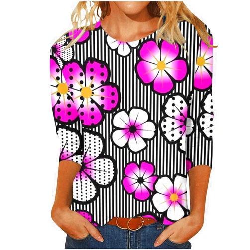 Generic Summer Tops for Women Casual 3/4 Sleeve Button V Neck T-Shirt Blouses Boho Floral Print Tee Shirts Outfits