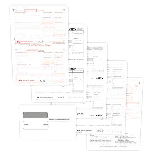 ComplyRight W-2 Tax Form Set 4-Part 2-Up with Copy A, B, C, & D, Self-Sealing Envelopes, Pack of 25 Forms