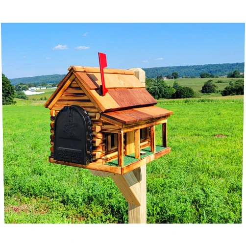 Amish Mailboxes.com Amish Mailbox - Handmade - Log Cabin Style - Wooden with Metal For USPS Approved Mailbox Outdoor