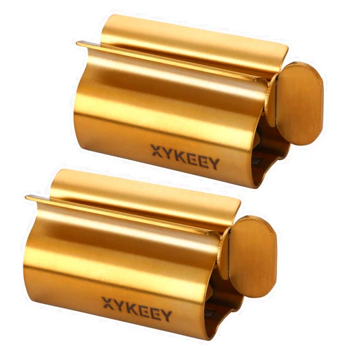 XYKEEY Toothpaste Tube Squeezer - Set of 2 Toothpaste Squeezer Rollers, Metal Toothpaste Tube Wringer Seat Holder Stand (Matt Gold)