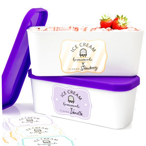 ZICOTO Set of 2 Reusable Ice Cream Tub Containers 1.6 Quart Ea. - Perfect for Homemade Sorbet, Frozen Yogurt Or Gelato - Stackable Storage Containers, Stickers And Lids Stores Easily In Freezer