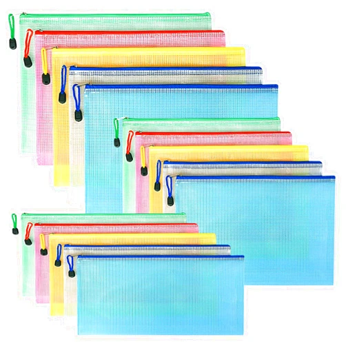 Toplive Plastic Mesh Zipper Pouch, 15 Packs (A4/A5/A6 Size,5 Colors) Waterproof Mesh Bag Document Bag File Folder for School Office Supplies