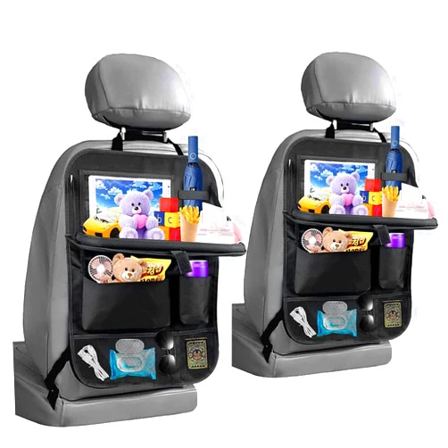 Meirenda 2 Pack Car Backseat Organizer with Foldable Food Tray, Multi-Pocket Multifunctional Hanging Car Storage Organizer Bag with Tablet Holder, Kids Car Kick Mats Seat Back Protector for Travel