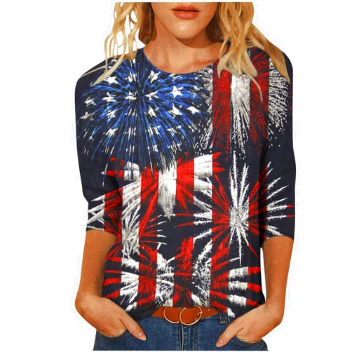 SMIDOW Star Stripes American Flag t Shirt for Women 2024 4th of July Patriotic Shirts 3/4 Sleeve Summer Casual Tops