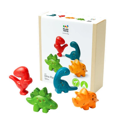 PlanToys 4 Dinosaur Dino Animal Playset (6126) | Sustainably Made from Rubberwood and Non-Toxic Paints and Dyes | Eco-Friendly PlanWood