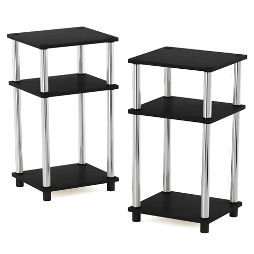 Furinno Simplistic End Side Night Stand/Bedside Table with Stainless Steel Tubes, 2-Pack, 2-Tier Poles, Americano/Chrome