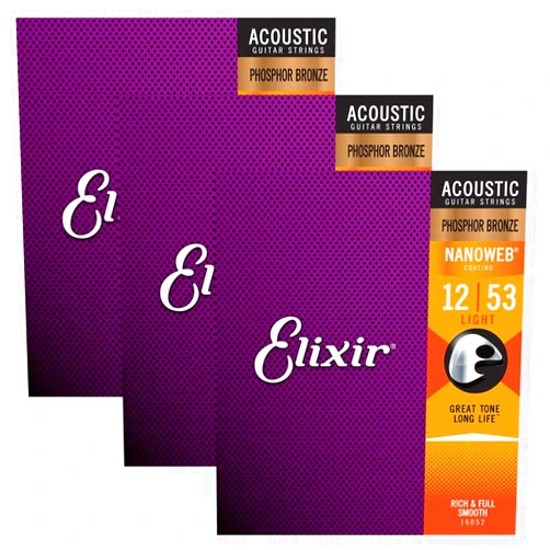 Elixir 16052 Acoustic Phosphor Bronze Nano Light 12-53 (3 Pack Bundle)