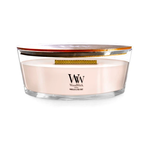 WoodWick Ellipse Scented Candle, Vanilla & Sea Salt Scent, Crackles as it Burns, Up to 50 hours Burn Time, Premium Soy blend, Perfect for gifting, 16oz