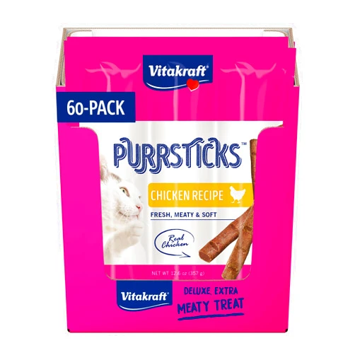 Vitakraft PurrSticks for Cats - Nutritious & Healthy Soft Cat Treats - Gently Oven Roasted Meat Sticks for Cats w/ 70% Meat - Easy-to-Serve Cat Chew Sticks (Chicken, 60 Pack)