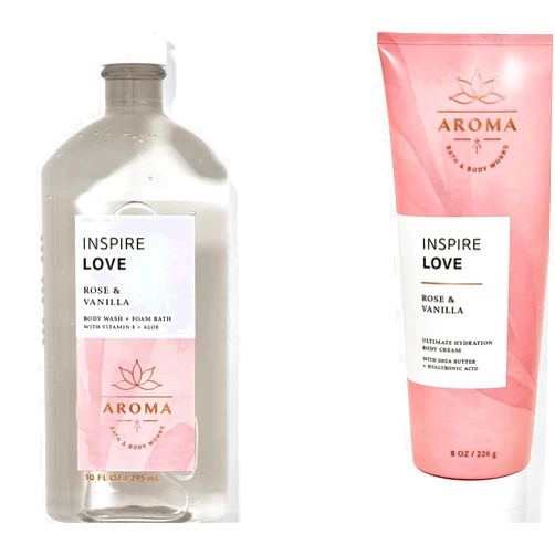 Bath & Body Works - Aromatherapy - Love - Rose Vanilla – 2 pc Bundle - Body Wash & Foam Bath & Body Cream -2020
