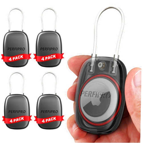 PerfiPro Waterproof AirTag Keychain Holder 4 Pack, Air tag Lock Case Compatible with Apple AirTags, Protective Airtag Holder Case with Wire Cable Keyring for Luggage, Key, Backpack, Black, Anti-Lost, Durable