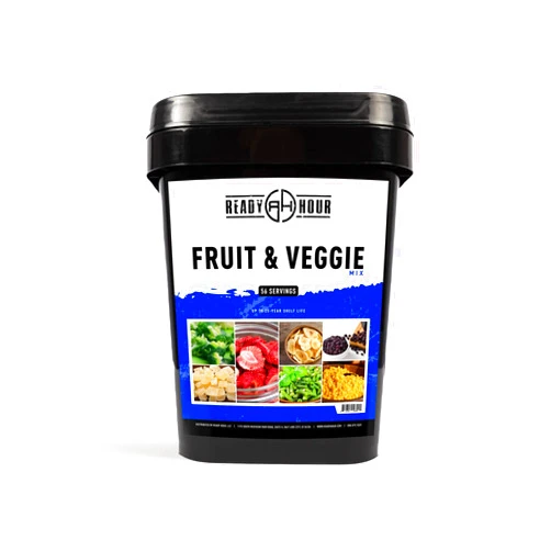 Ready Hour, Fruit & Veggie Mix, Non-Perishable Freeze-Dried Food, 30-Year Shelf Life, Portable Emergency and Adventure Food Supply, Durable Flood Safe Container, 56 Servings