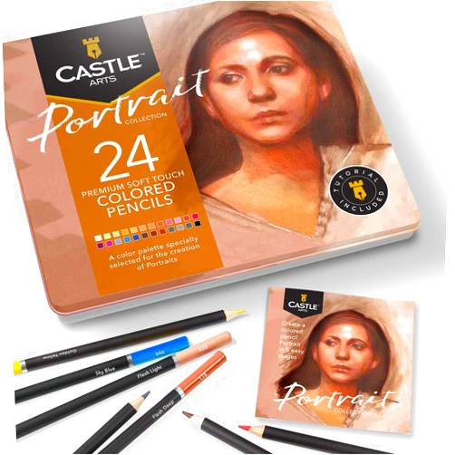Castle Art Supplies Castle Arts Themed 24 Coloured Pencil Set in Tin Box, perfect colours for ‘Portraits’. Featuring, smooth coloured cores, blending & layering - Ideal for Drawing, Sketching and Colouring