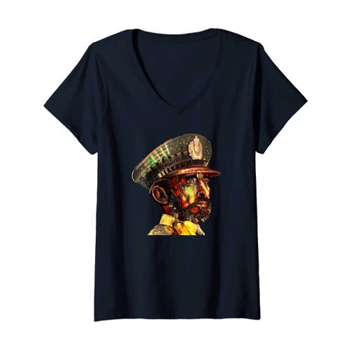 Visionary Emperor Selassie Womens Ethiopian Visionary Emperor Haile Selassie Rasta Jamaican V-Neck T-Shirt