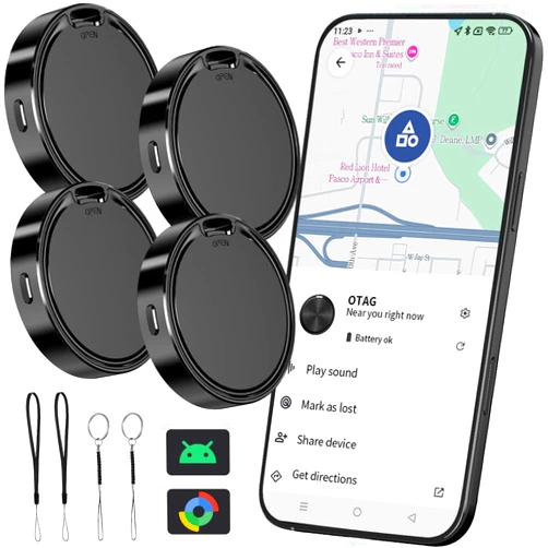 CooAoo Tracker Tag for Android 4 Pack Luggage Tracker Tags Work with Google Find Hub App (Android Only) Bluetooth Tracker Key Finder and Item Locator for Wallets, Backpack, Suitcases-Black