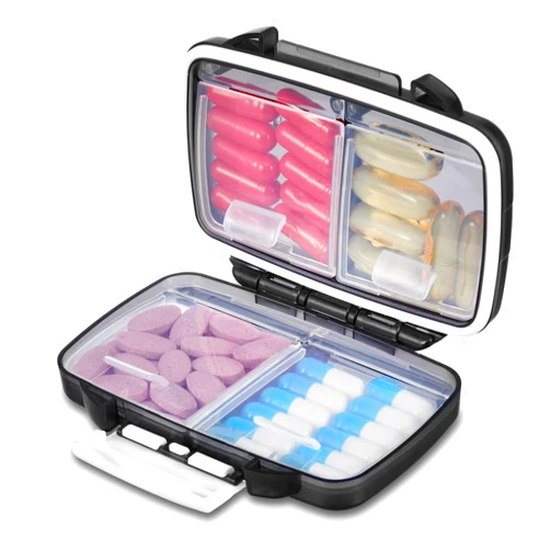 Fullicon Travel Pill Organizer, 4 Compartments Portable Pill Case, Moisture Proof Small Pill Box with Labels, Travel Pill Case with Double Lock, Pocket Pharmacy for Vitamin D3 & Fish Oil (Black)