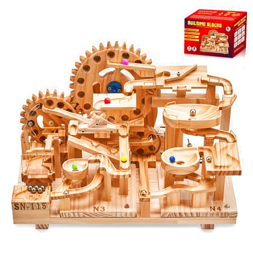 Losbenco Wooden Marble Run Electric Motorized, Electric Marble Run Brain Teaser Wooden Puzzles Building Toy with 46 Blocks and 23 Marbles, 3D Wooden Puzzles Kit for Adults and Kids to Build