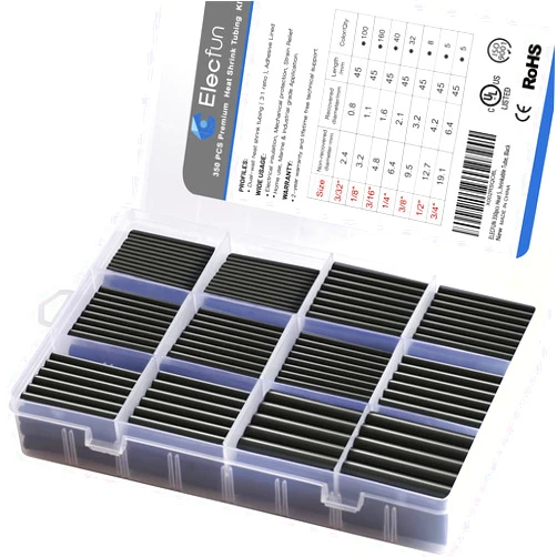 ELECFUN Waterproof Heat Shrink Tubing Kit 350 pcs, ELECFUN 3:1 Dual Wall Tube - Adhesive Lined - Marine Grade Black, 7 Sizes