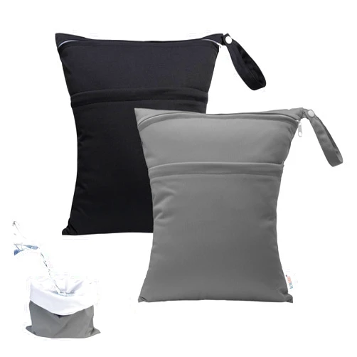 ALVABABY 2pcs Superior Waterproof Wet Dry Bags,Reusable Two Zippered Pockets, baby cloth diaper wet bags,Travel,Beach,Pool,Daycare,Soiled Items,Yoga Gym Bag,wet bag for swimsuit Black&Grey LW-B2629
