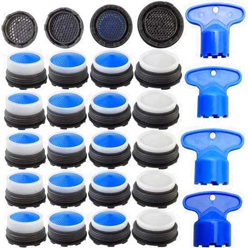 TIHOOD 24PCS Faucet Cache Aerators with 4PCS Faucet Aerator Key Removal Wrench, Water Saving Flow Restrictor Set Replacement Part, for Bathroom or Kitchen Sink, Male Threads 16.5 18.5 21.5 24