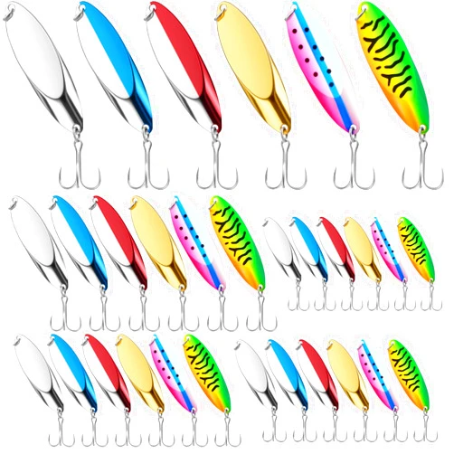 LaRandom 30 Pcs Fishing Spoons Lures 5 Size Metal Spoon Fishing Lures Casting Trout Spoons with Treble Hooks Luminous Casting Spoon Durable Treble Hooks for Bass