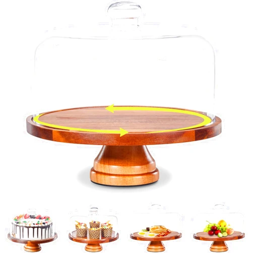 Yangbaga Glass Cake Stand with Lid,11in Wooden Rotating Cake Stand with Dome Cover, Cake Plate Display Server Tray for Birthday Kitchen Party