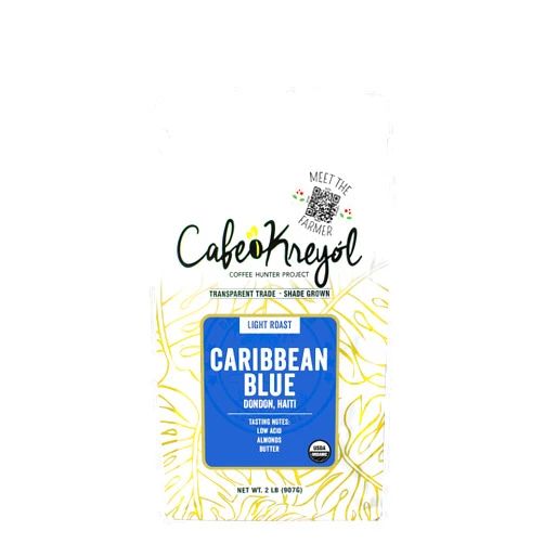 Cafe Kreyol Organic Caribbean Blue | 2 lb - Haitian Blue Light Roast Coffee - Whole Bean Coffee, High Caffeine - Smooth Low Acid with Notes of Almond and Walnut