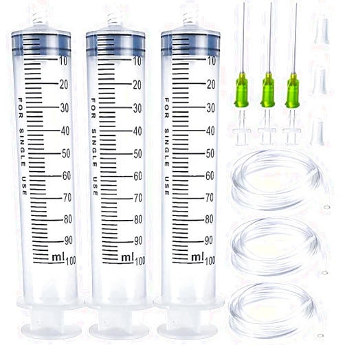 LabAider 3 Pack 100ml Large Plastic Syringe with 3.2ft Handy Plastic Tubing and Luer Connections, Tubing Connnector, Tip Cap, for Scientific Labs, Measuring, Watering, Refilling, Filtration, Feeding