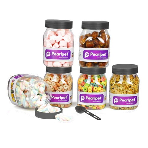 PEARLPET Transparent Space Saver Container for Kitchen Storage Set with Plastic Black LID, 600 ML Set of 6 Pieces