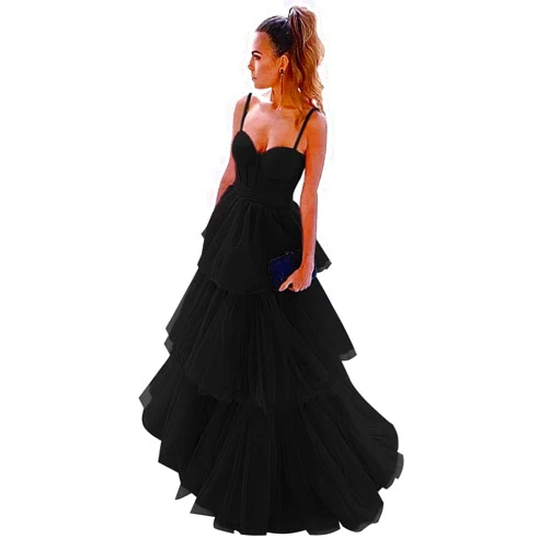 WOIDOCE Women's Tulle Prom Dresses 2024 Ruffles Long Bow Spaghetti Straps A Line Corset Tiered Formal Evening Party Gowns