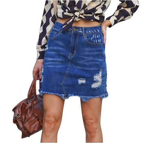 CROYEE Women's Casual Short Denim Skirt Distressed Ripped Fringed A-Line Mini Jean Skirt