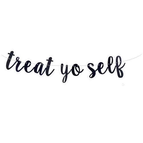 Zymise QWLQIAO Treat Yo Self Banner Pre-Strung Wedding Engagement Party Sign,Dessert/Ice Cream/Popcorn Table Decoration for Home Party Supplies Black Glitter Paper Sign