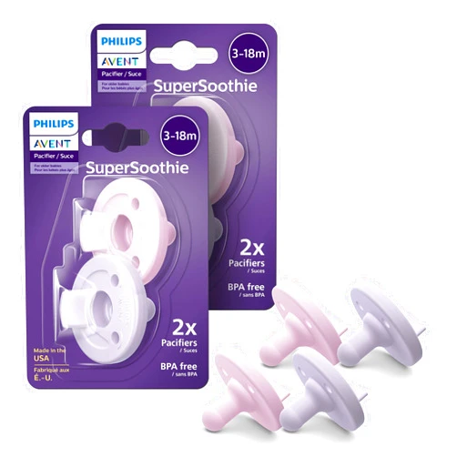 AVENT Philips Avent Soothie 3-18 Months Orthodontic Baby Pacifiers, 100% Silicone Pacifiers, One Piece, BPA-Free, 2 Lilac and 2 Pink, 4 Pack, Model SCF192/70