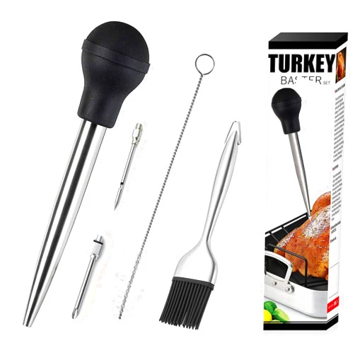 KAYCROWN Stainless Steel Turkey Baster & Barbecue Basting Brush With 2 Flavor Injector Needles - Food Grade Syringe Baster For Cooking & Basting - Ideal For Butter Dripping, Roasting Juices For Poultry (Black)