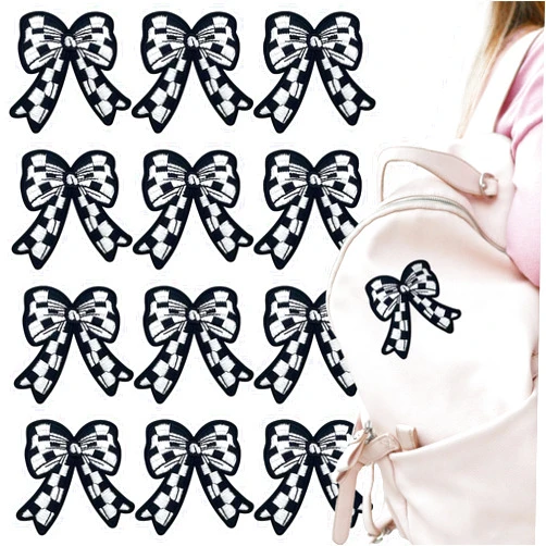 Ravlzors 12Pcs Bow Checkered Iron On Patches Black Embroidered Applique Western Punk Sew On Patch Applique Embellishments Funny Badge Appliques for Clothes Jeans Shirt Bags DIY Craft