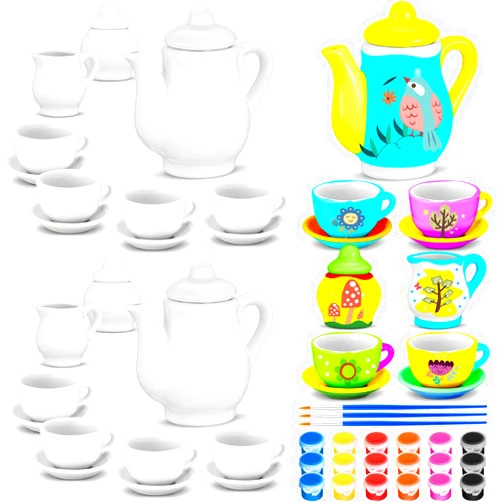 PullCrease 45 Pcs Porcelain Mini Tea Cup Set Including Porcelain Dishes Brush Children Ceramic Play DIY Craftfor Kids Girls 6-8 and up Party Birthday Gift Baby Shower Wedding Supplies (Cute Style)