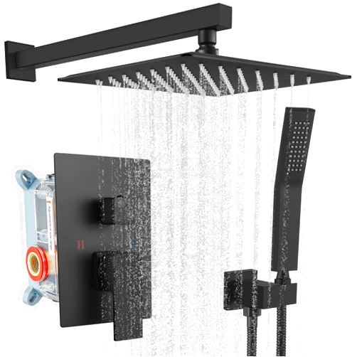 gotonovo Rainfall Bathroom Shower System Rain Shower Head and Handle Set Wall Mounted Shower Complete Combo Solid Brass Pressure Balancing Shower Mixer Valve 10 Inch Matte Black