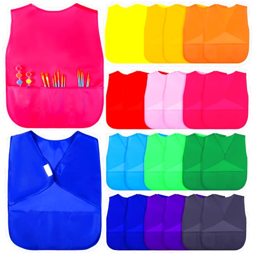 Baggyfly 24 Pcs Kids Art Smocks Waterproof Painting Smocks with 3 Pockets Sleeveless Toddler Art Smocks Bulk Child Art Aprons Arts Supplies for Kids 3-8 Years, 12 Colors