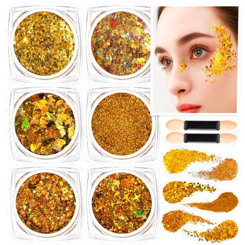 Teenitor Face Glitter Body Glitter, Gold Body Glitter Gel, Hair Glitter Gel, 6 Shapes Rave Glitter, Festival Makeup Glitters Gel, Chunky Sparkling Glitter Gel for Face, Body, Hair