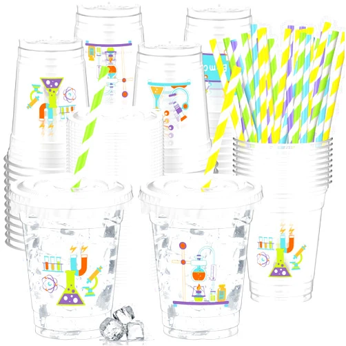 FoldTier 50 Pcs Science Cups 12 oz Disposable Plastic Cups with Straws and Lids Science Clear mug Birthday mugs Supplies Birthday Table Decorations Party Favor