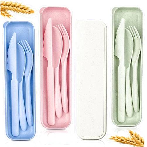 HYQO Reusable Travel Utensils Set with Case - 4Pcs Wheat Straw Travel Silverware Set with Case - Forks and Spoons Silverware Set Picnic Camping Utensils - Plastic Dinnerware Camping Tableware Set
